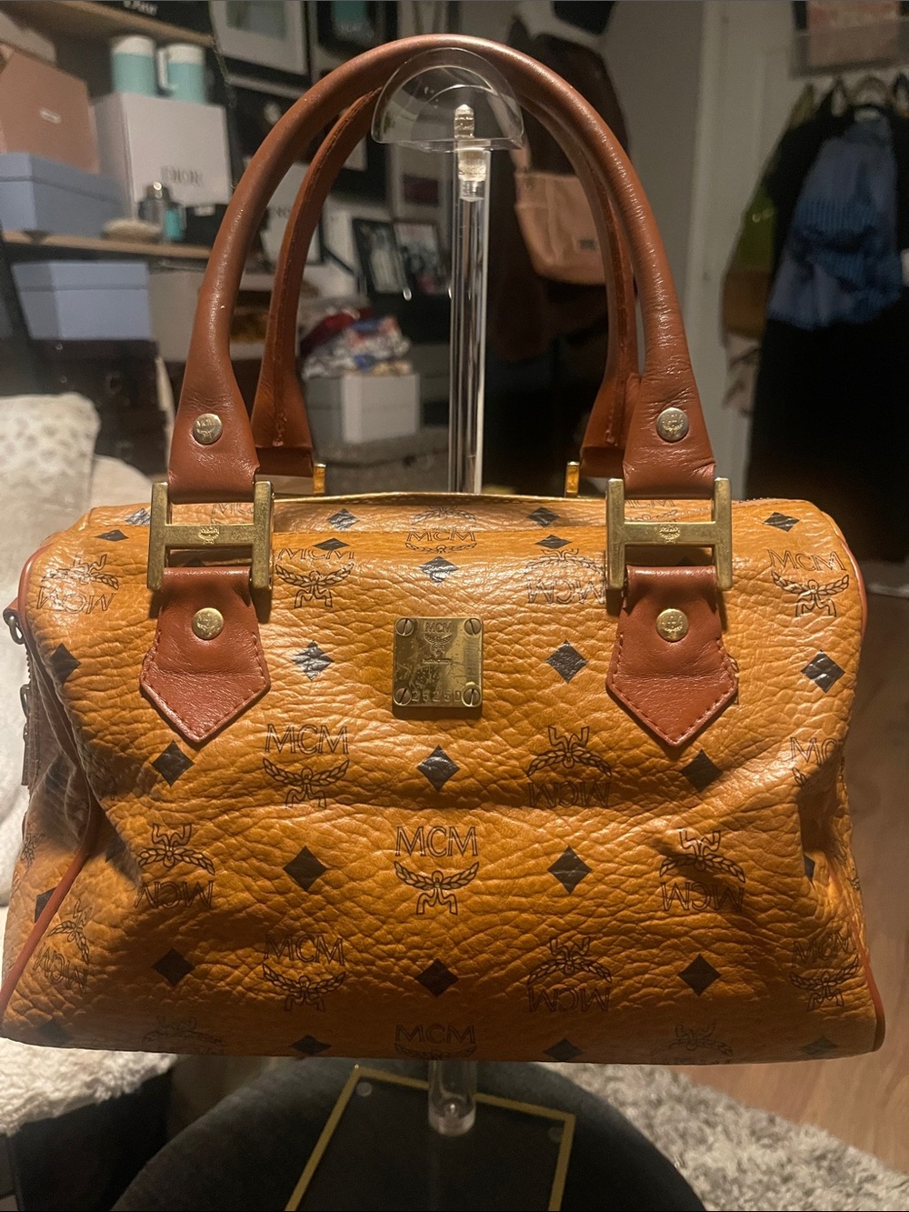 MCM Cognac Brown Visetos Boston Bag